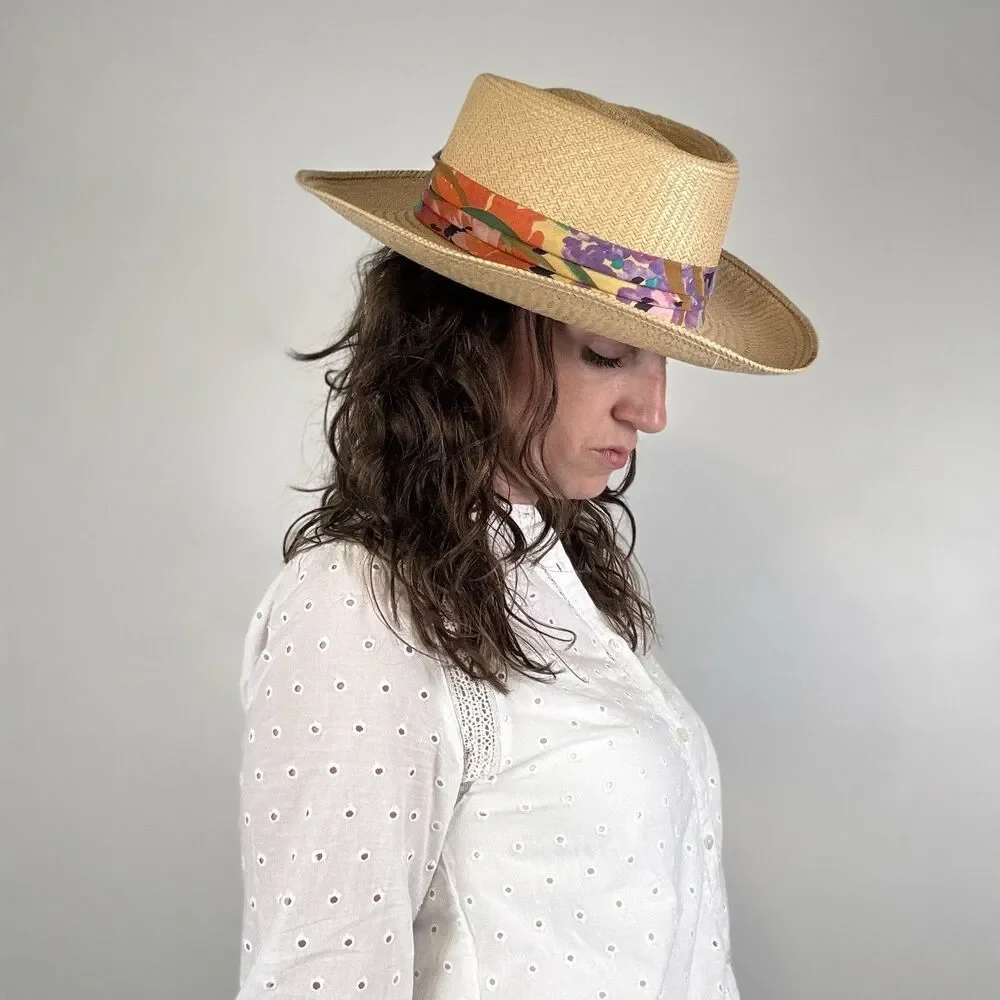 Vintage Straw Fedora Panama Hat Floral Scarf Band Wide Brim Summer Beach